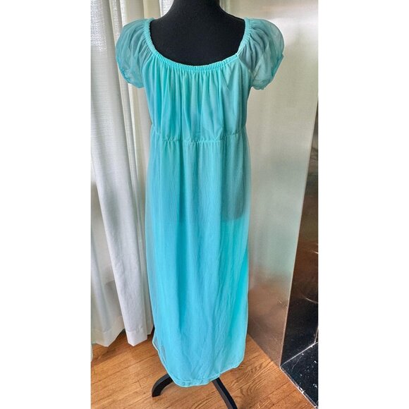 Vintage 70s negligee, teal blue, empire waist, puff sleeves nightgown - Picture 4 of 8